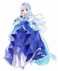 Rule 34 | 1girl, absurdres, animal, animal on hand, aqua hair, blue bow, blue dress, blunt bangs, blush, bow, braid, cloak, colored inner hair, dress, frilled dress, frilled gloves, frills, fur-trimmed cloak, fur trim, gloves, gown, highres, jewelry, kyan (wstckhl), lize helesta, lize helesta (3rd costume), long hair, multicolored hair, necklace, nijisanji, purple eyes, sebastian piyodore, simple background, skirt hold, smile, solo, standing, tiara, virtual youtuber, white background, white cloak, white gloves, white hair