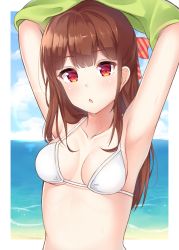 Rule 34 | 1girl, armpits, arms up, bad id, bad pixiv id, bare shoulders, bikini, blue sky, blush, bow, breasts, brown hair, cloud, cloudy sky, collarbone, commentary request, day, diagonal stripes, hair bow, highres, horizon, long hair, ocean, original, parted lips, red eyes, seventeen (st17215), sky, small breasts, solo, striped, striped bow, swimsuit, undressing, upper body, water, wet, white bikini