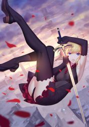 Rule 34 | 1girl, ahoge, alternate costume, armpits, artoria pendragon (all), artoria pendragon (fate), black gloves, black panties, blonde hair, caliburn (fate), cloud, elbow gloves, falling, fate/stay night, fate/unlimited codes, fate (series), gloves, highres, holding, kneepits, lips, looking at viewer, panties, parted lips, petals, rekaerb maerd, saber (fate), saber alter, shoes, sky, solo, thighhighs, underwear, weapon
