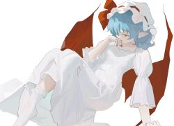Rule 34 | arm support, bat wings, blue hair, bow, breasts, curly hair, dress, frilled socks, frills, hand to own mouth, hat, hat bow, highres, knees up, mob cap, nail polish, nightgown, plantar flexion, red bow, red eyes, red nails, red wings, reisende1969, remilia scarlet, ribbon trim, short hair, sleeve garter, small breasts, socks, touhou, white dress, white hat, white socks, wings