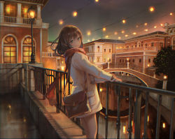 Rule 34 | 1girl, bag, balcony, blue eyes, bridge, brown hair, chromatic aberration, city, city lights, closed mouth, enpera, feet out of frame, from side, green eyes, highres, jacket, lamppost, light, long hair, long sleeves, looking at viewer, looking to the side, night, original, outdoors, power lines, red scarf, reflection, scarf, shoichi (ekakijin), shoulder bag, smile, solo, standing, string of light bulbs, tree, white jacket, window