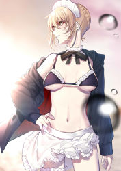 Rule 34 | 1girl, artoria pendragon (alter swimsuit rider) (fate), artoria pendragon (alter swimsuit rider) (second ascension) (fate), artoria pendragon (fate), bikini, black bikini, black neckwear, black ribbon, blonde hair, braid, breasts, bridal garter, detached collar, fate/grand order, fate (series), french braid, hair between eyes, hand on own hip, highres, long sleeves, looking away, looking to the side, maid, maid bikini, maid headdress, medium breasts, mikan (chipstar182), parted lips, ribbon, short hair, smile, solo, swimsuit, unconventional maid, yellow eyes