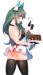Rule 34 | 1girl, :d, apron, ass, bad id, bad twitter id, bare shoulders, black thighhighs, blush, body blush, cake, food, from behind, gloves, green hair, headgear, highres, kyuuso inukami, leotard, long hair, looking back, menou kaname (taishi), open mouth, original, purple eyes, simple background, smile, solo, thighhighs, thumbs up
