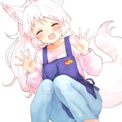 Rule 34 | 1girl, :d, ^ ^, animal ear fluff, animal ears, apron, blue apron, blue pants, blush, breasts, closed eyes, facing viewer, feet out of frame, fox ears, fox girl, fox tail, hands up, highres, howan (show by rock!!), knees together feet apart, long hair, long sleeves, medium breasts, nyama, open mouth, pants, ponytail, puffy long sleeves, puffy sleeves, shirt, short eyebrows, show by rock!!, simple background, smile, solo, squatting, tail, teeth, thick eyebrows, upper teeth only, very long hair, white background, white hair, white shirt