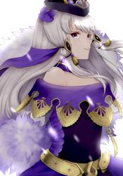 Rule 34 | 1girl, aplche, black hat, closed mouth, dress, fire emblem, fire emblem: three houses, fire emblem heroes, fur trim, hair ornament, hat, highres, long hair, lysithea von ordelia, nintendo, pink eyes, simple background, smile, solo, upper body, white background, white hair
