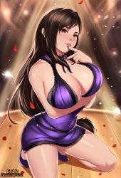 Rule 34 | 1girl, arm under breasts, bare shoulders, blush, breasts, brown hair, cleavage, dress, exlic, final fantasy, final fantasy vii, fingers to chin, hand on own chin, high heels, highres, kneeling, large breasts, long hair, looking at viewer, nail polish, parted lips, petals, purple dress, purple footwear, red eyes, smile, solo, sparkle, spotlight, swept bangs, thighs, tifa lockhart, tifa lockhart (refined dress)