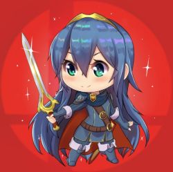 Rule 34 | &gt;:), 1girl, armor, belt, blue cape, blue eyes, blue footwear, blue gloves, blue hair, blush, boots, cape, chibi, closed mouth, elbow gloves, emblem, falchion (fire emblem), fighting stance, fingerless gloves, fire emblem, fire emblem awakening, fire emblem heroes, full body, gloves, hair between eyes, holding, holding sword, holding weapon, long hair, lucina (fire emblem), magister, nintendo, red background, sheath, short sleeves, shoulder pads, sleeve cuffs, smile, solo, sparkle, standing, super smash bros., sword, symbol-shaped pupils, tareme, thigh boots, thighhighs, tiara, tunic, unsheathed, v-shaped eyebrows, very long hair, weapon