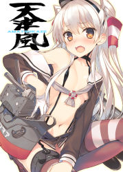 Rule 34 | 10s, 1girl, amatsukaze (kancolle), bare shoulders, blush, brown eyes, covered erect nipples, dress, fang, flat chest, garter straps, gloves, hair tubes, kantai collection, long hair, looking at viewer, navel, open mouth, red thighhighs, rensouhou-kun, sailor dress, school uniform, serafuku, short dress, silver hair, single glove, solo, striped clothes, striped thighhighs, tatami to hinoki, thighhighs, twintails, two side up, unbuttoned, white gloves
