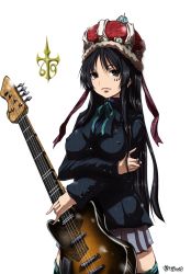 Rule 34 | 00s, 1girl, akiyama mio, bad id, bad pixiv id, bass guitar, black eyes, black hair, breasts, covered erect nipples, crown, facepaint, female focus, guitar, instrument, k-on!, large breasts, long hair, madhatter hello, school uniform, simple background, solo, striped clothes, striped thighhighs, thighhighs