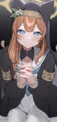 Rule 34 | 1girl, animal ears, blue eyes, blush, brown hair, closed mouth, flower, head tilt, highres, holding hands, interlocked fingers, light smile, long hair, long sleeves, looking at viewer, nun, original, own hands clasped, own hands together, sitting, takio (kani sama)