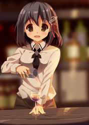 Rule 34 | 10s, 1girl, black hair, breasts, comic, commentary request, cup, drinking glass, eyebrows, glasses, haguro (kancolle), hair ornament, highres, kantai collection, looking at viewer, minase kaya, neckerchief, open mouth, short hair, solo, uniform, wine glass