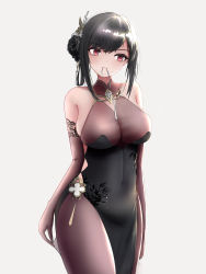 Rule 34 | 1girl, absurdres, azur lane, bare shoulders, black flower, black hair, bodystocking, breasts, brown gloves, chen hai (azur lane), chen hai (vestibule of wonders) (azur lane), china dress, chinese clothes, covered navel, dress, elbow gloves, flower, gloves, grey background, hair tie in mouth, highres, kcar66t, lace, lace-trimmed gloves, lace trim, large breasts, long hair, mouth hold, official alternate costume, red eyes, see-through, simple background, skindentation, solo, standing, taut clothes, taut dress, white background