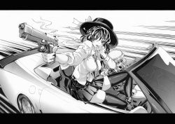 Rule 34 | 2girls, belt, beretta 92, boots, breasts, buttons, car, closed mouth, collared dress, collared shirt, commentary request, convertible, cross-laced footwear, dress, driving, eyelashes, fedora, greyscale, gun, handgun, hat, hat ribbon, highres, holding, holding gun, holding weapon, kabaji, knee up, large breasts, letterboxed, long hair, long sleeves, looking at viewer, maribel hearn, miniskirt, mob cap, monochrome, motion lines, motor vehicle, multiple girls, necktie, pistol, pleated skirt, ribbon, shirt, short hair, side-view mirror, sitting, skirt, smoke, smoking, sunglasses, teeth, thighhighs, touhou, upper teeth only, usami renko, weapon, wheel, zettai ryouiki