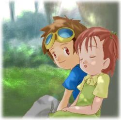 Rule 34 | 1boy, 1girl, digimon, goggles, goggles on head, katou juri, looking at another, lowres, matsuda takato, smile