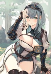 Rule 34 | 1girl, arm guards, armor, armored dress, belt, black thighhighs, blush, breasts, buckle, chest guard, chest harness, chest strap, cleavage, cleavage cutout, clothing cutout, collared dress, cowboy shot, dress, duplicate, fingerless gloves, gloves, green eyes, grey hair, hand in own hair, harness, headdress, highres, hololive, leather belt, long hair, looking at viewer, mole, mole on breast, outdoors, pelvic curtain, pixel-perfect duplicate, pleated dress, roco (rocoroco1115), shirogane noel, shirogane noel (1st costume), short sleeves, sitting, smile, solo, tabard, thighhighs, thighs, virtual youtuber