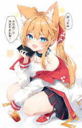 Rule 34 | 1girl, :d, animal ear fluff, animal ears, bare shoulders, black skirt, blonde hair, blue eyes, blue nails, blush, cellphone, collarbone, commentary request, cup, drink, drinking glass, fang, fox ears, full body, hair between eyes, highres, holding, holding cup, holding phone, jacket, long hair, long sleeves, looking at viewer, nail polish, nibiiro shizuka, off shoulder, open clothes, open jacket, open mouth, original, phone, pleated skirt, puffy long sleeves, puffy sleeves, red footwear, shirt, shoes, simple background, skirt, sleeves past wrists, smile, solo, squatting, star (symbol), starry background, translation request, twintails, very long hair, white background, white jacket, white shirt