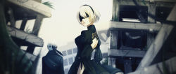 Rule 34 | 1boy, 1girl, back cutout, black blindfold, black dress, black hairband, blindfold, clothing cutout, covered eyes, dress, from behind, hairband, highres, juliet sleeves, long sleeves, nier (series), nier:automata, outdoors, puffy sleeves, sanyou, solo focus, white hair, 2b (nier:automata), 9s (nier:automata)