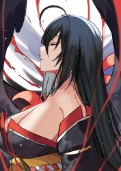 Rule 34 | 1girl, absurdres, ahoge, artist name, azur lane, bare shoulders, black hair, black kimono, breasts, cosplay, dead or alive, dead or alive xtreme, closed eyes, from side, hair between eyes, highres, j.moon, japanese clothes, kimono, large breasts, long hair, nyotengu, nyotengu (cosplay), off shoulder, sash, sideboob, solo, string, string of fate, taihou (azur lane), upper body, yellow sash