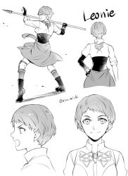Rule 34 | 1girl, character name, closed mouth, fire emblem, fire emblem: three houses, from behind, from side, garreg mach monastery uniform, greyscale, hino michi, holding, holding weapon, leonie pinelli, monochrome, multiple views, nintendo, open mouth, polearm, short hair, simple background, smile, twitter username, uniform, weapon, white background