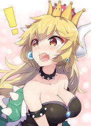 Rule 34 | !, armlet, blonde hair, blush, bowsette, breasts, cleavage, collar, crown, earrings, fang, highres, horns, jewelry, large breasts, mario (series), new super mario bros. u deluxe, nintendo, red eyes, shell, solo, spiked armlet, spiked collar, spiked shell, spikes, super crown, zhayin-san