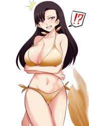 Rule 34 | !?, 10s, 1girl, ^^^, asymmetrical bangs, bikini, blush, breast hold, breasts, brown eyes, brown hair, cleavage, cowboy shot, crossed arms, front-tie bikini top, front-tie top, frown, girls und panzer, hifumi hajime, large breasts, leg up, long hair, looking at viewer, motion blur, navel, nishi kinuyo, open mouth, sarong, side-tie bikini bottom, simple background, solo, spoken interrobang, standing, standing on one leg, swimsuit, tearing up, wavy mouth, white background, yellow bikini, yellow sarong