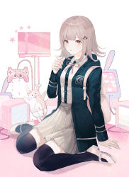 Rule 34 | 1girl, absurdres, animal ears, arm support, backpack, bag, belda34, black jacket, black thighhighs, breasts, brown hair, commentary, danganronpa (series), danganronpa 2: goodbye despair, flipped hair, game console, hair ornament, hairclip, highres, hood, hoodie, jacket, long sleeves, looking at viewer, mary janes, medium breasts, medium hair, miniskirt, monomi (danganronpa), nanami chiaki, neck ribbon, on ground, open clothes, pink eyes, pink footwear, pink ribbon, playstation controller, pleated skirt, ribbon, shirt, shirt tucked in, shoes, sitting, skirt, smile, solo focus, television, thighhighs, wariza, white background, white shirt, zettai ryouiki
