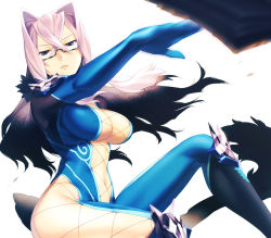 Rule 34 | 1girl, akiyoshi haru, black eyes, boots, breasts, center opening, cleavage, cleavage cutout, clothing cutout, gem, glasses, gloves, grey hair, hair intakes, large breasts, long hair, midriff, navel, pink hair, presa (tales), serious, sitting, skin tight, solo, tales of (series), tales of xillia
