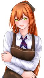Rule 34 | 1girl, 3 small spiders, absurdres, apron, black ribbon, blush, breasts, brown apron, crossed arms, feet out of frame, girls&#039; frontline, green eyes, hair ribbon, highres, long hair, looking at viewer, neck, neck ribbon, open mouth, orange hair, ribbon, shirt, solo, springfield (girls&#039; frontline), standing, upper body, white background, white shirt