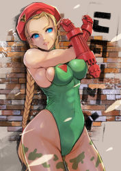 Rule 34 | 1girl, abs, against wall, antenna hair, armor, bare shoulders, beret, blonde hair, blue eyes, bodypaint, braid, breasts, brick wall, cameltoe, cammy white, camouflage, capcom, character name, covered navel, cowboy shot, crossed arms, emblem, scar on face, fingerless gloves, gauntlets, gloves, grin, groin, halterneck, hands up, hat, head tilt, highleg, highleg leotard, highres, hip focus, impossible clothes, impossible leotard, large breasts, leotard, long hair, looking at viewer, maru-pen, scar, scar on cheek, scar on face, sideboob, skin tight, smile, solo, street fighter, thighs, toned, turtleneck, twin braids, very long hair, wide hips