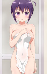 Rule 34 | 1girl, absurdres, bare shoulders, bath, blush, breasts, collarbone, covered navel, covering breasts, covering crotch, covering privates, gochuumon wa usagi desu ka?, highres, looking at viewer, medium breasts, naked towel, nude cover, open mouth, poa mellhen, purple eyes, purple hair, short hair, solo, tedeza rize, towel, upper body