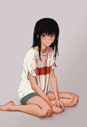 Rule 34 | 1girl, :|, absurdres, arms between legs, bare legs, barefoot, black hair, chainsaw man, closed mouth, expressionless, full body, grey background, grey shorts, hair between eyes, highres, long hair, looking to the side, red eyes, ringed eyes, shirt, short shorts, shorts, sidelocks, simple background, sitting, solo, t-shirt, v arms, white shirt, yokozuwari, yoru (chainsaw man), zzoo (zoo)