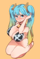 Rule 34 | 1girl, absurdres, alternate costume, animal print, aqua hair, bell, bikini, bikini top only, blonde hair, blue eyes, blush, bottomless, breasts, cleavage, collar, commentary request, cow print, cowbell, creeeen jjang, eyebrows hidden by hair, from above, gradient hair, hair flip, highres, huge breasts, korean commentary, league of legends, long hair, looking at viewer, multicolored hair, neck bell, open mouth, print bikini, seiza, simple background, sitting, skindentation, solo, sona (league of legends), swimsuit, twintails, two-tone hair, very long hair, yellow background, yellow eyes