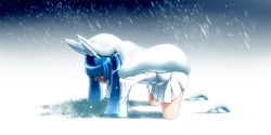 Rule 34 | 1girl, all fours, blue hair, bow, day, full body, hair bow, hairband, long hair, long sleeves, medium skirt, nipako, outdoors, pleated skirt, prostration, school uniform, serafuku, shadow, shoes, skirt, snow, snowing, solo, twintails, ultimate nipper, white bow, white footwear, white hairband, white skirt, winter, yuto (dialique)