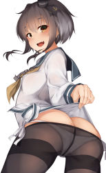 Rule 34 | 10s, 1girl, anchor symbol, arched back, ass, bad id, bad nicoseiga id, black hair, black pantyhose, brown eyes, butt crack, dress, from behind, gradient hair, grey hair, hairband, headgear, highres, kantai collection, lifted by self, looking at viewer, lowleg, lowleg pantyhose, multicolored hair, open mouth, panties, panties under pantyhose, pantyhose, rerrere, sailor collar, sailor dress, school uniform, seamed legwear, see-through, serafuku, shirt, short hair, short hair with long locks, side-seamed legwear, side-tie panties, sidelocks, solo, thighs, tied shirt, tokitsukaze (kancolle), tongue, two side up, underwear, white panties