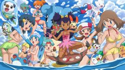 Rule 34 | &gt; &lt;, &gt;o&lt;, 1boy, 6+girls, :o, :q, anger vein, ash ketchum, ashley (pokemon), ass, assisted exposure, asymmetrical hair, axew, bandeau, big hair, bikini, blue eyes, blue hair, blush, bow, breasts, brown eyes, brown hair, censored, choker, cilan (pokemon), cleavage, closed eyes, clothes theft, convenient censoring, cosplay, covering breasts, covering privates, creatures (company), dark skin, dawn (pokemon), earrings, elesa (pokemon), elesa (pokemon) (cosplay), embarrassed, emolga, flat chest, fraxure, frilled bikini, frills, game freak, gen 1 pokemon, gen 2 pokemon, gen 3 pokemon, gen 4 pokemon, gen 5 pokemon, gyarados, gym leader, hat, headband, headphones, highres, iris (pokemon), jewelry, lapras, large breasts, legendary pokemon, long hair, lyra (pokemon), marill, marina (pokemon), may (pokemon), meloetta, meloetta (aria), misdreavus, misty (pokemon), multiple girls, mythical pokemon, navel, necklace, nintendo, official style, one-piece swimsuit, open mouth, orange hair, oshawott, piplup, plusle, pokemoa, pokemon, pokemon (anime), pokemon (classic anime), pokemon bw (anime), pokemon dppt (anime), pokemon hgss, pokemon ranger, pokemon ranger 1, pokemon rse (anime), purple hair, red eyes, sarong, shorts, side ponytail, solana (pokemon), stunfisk, surfing, sweatdrop, swimsuit, swimsuit theft, theft, themed object, togetic, tongue, tongue out, topless, trap, unworn bikini top, wading, water, water gun