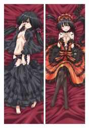 Rule 34 | 10s, 1girl, :d, bare shoulders, barefoot, bed sheet, black hair, black pantyhose, blush, boots, bow, bow panties, breasts, choker, cleavage, clock, clock eyes, clothes pull, cross-laced footwear, crossed legs, dakimakura (medium), date a live, detached sleeves, dress, dual persona, feet, hair ornament, hair over one eye, hair ribbon, hairband, heterochromia, highres, lace-up boots, large breasts, legs, lolita fashion, lolita hairband, long hair, looking at viewer, lying, multiple views, naughty face, navel, on back, open mouth, panties, pantyhose, red eyes, ribbon, skirt, skirt pull, smile, strap slip, symbol-shaped pupils, toes, tokisaki kurumi, twintails, underwear, yellow eyes