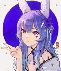 Rule 34 | 1girl, absurdres, animal ear fluff, animal ears, blue eyes, blue flower, blue hair, breasts, cleavage, closed mouth, commentary, dated commentary, english commentary, facial tattoo, flower, hair between eyes, hair flower, hair ornament, hair ribbon, hand up, heart, heart tattoo, highres, long hair, looking at viewer, medium breasts, original, portrait, ribbon, shirt, short sleeves, solo, tattoo, v, wave 61, white ribbon, white shirt, x hair ornament