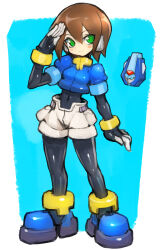 Rule 34 | 1girl, aile (mega man zx), biometal, blue background, blue footwear, blush, bodystocking, bracelet, brown hair, commentary request, dakusuta, full body, green eyes, hair between eyes, highres, jewelry, layered sleeves, long sleeves, mega man (series), mega man zx, model x (mega man), pantyhose, pantyhose under shorts, puffy short sleeves, puffy sleeves, robot ears, salute, short hair, short over long sleeves, short shorts, short sleeves, shorts, simple background, smile, solo, standing, white shorts