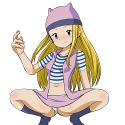Rule 34 | 1girl, blonde hair, blush, breasts, digimon, digimon frontier, green eyes, long hair, looking at viewer, medium breasts, orimoto izumi, panties, small breasts, smile, solo, spread legs, underwear