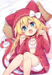 Rule 34 | 1girl, animal hands, animal hood, baku-p, bell, blonde hair, bloomers, blue eyes, bow, bra, cat hood, cat lingerie, cat paws, cat tail, fake tail, fang, flat chest, hat, highres, hood, hoodie, jingle bell, lily white, long hair, long sleeves, looking at viewer, lying, meme attire, navel, neck bell, on back, open mouth, pillow, red hat, red hoodie, skin fang, solo, tail, tail bow, tail ornament, touhou, underwear, white bow, white bra, wide sleeves