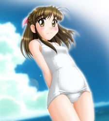 Rule 34 | 1girl, antenna hair, arms behind back, blue sky, blush, bow, braid, breasts, brown eyes, brown hair, cloud, day, hair bow, katsuragi ayane, long hair, looking at viewer, neopure, one-piece swimsuit, outdoors, pink bow, school swimsuit, sidelocks, sky, small breasts, smile, solo, standing, swimsuit, true love story, white school swimsuit, white one-piece swimsuit