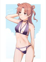 1girl arm_behind_head bikini blue_sky breasts cloud commentary_request contrapposto facing_viewer hair_rings long_hair looking_at_viewer medium_breasts navel purple_bikini seductive_smile sekinaito03 shirai_kuroko sky smile solo standing swimsuit toaru_kagaku_no_railgun toaru_majutsu_no_index two_side_up