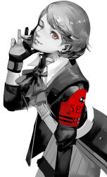 Rule 34 | 1girl, armband, blazpu, brown eyes, choker, coat, earrings, gloves, hand up, heart, heart choker, highres, jewelry, leaning forward, long sleeves, looking at viewer, medium hair, neck ribbon, nostrils, one eye closed, open clothes, open coat, parted lips, persona, persona 3, pleated skirt, red armband, ribbon, s.e.e.s, simple background, skirt, smile, solo, spot color, stud earrings, takeba yukari