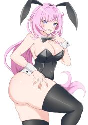 Rule 34 | 1girl, absurdres, animal ears, black bow, black bowtie, black thighhighs, blue eyes, bow, bowtie, breasts, cleavage, curvy, elf, elysia (honkai impact), elysia (miss pink elf) (honkai impact), hand around neck, highres, honkai (series), honkai impact 3rd, large breasts, leotard, long hair, looking at viewer, nobu teio, pink hair, pink pupils, playboy bunny, pointy ears, rabbit ears, smile, solo, thick thighs, thighhighs, thighs, very long hair, white background