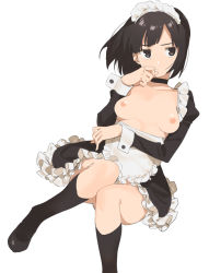 Rule 34 | 1girl, 2l (2lsize), apron, black footwear, black hair, black socks, blush, bob cut, breasts, breasts out, closed mouth, collarbone, dutch angle, frills, grey eyes, hand up, highres, kneehighs, knees up, long sleeves, looking at viewer, maid, mary janes, nipples, nose blush, original, shoes, short hair, simple background, sitting, small breasts, socks, solo, tsurime, waist apron, white background, wrist cuffs