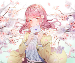 Rule 34 | 1girl, bang dream!, blurry, blurry background, blush, branch, brown eyes, cherry blossoms, closed mouth, collared shirt, commentary, depth of field, dress shirt, envelope, floating hair, flower, hair flower, hair ornament, hands up, heart, holding, holding envelope, jacket, letter, long hair, long sleeves, looking at viewer, love letter, maruyama aya, o-ring, open clothes, open jacket, petals, pink flower, pink hair, posom, shirt, signature, smile, solo, striped clothes, striped shirt, symbol-only commentary, upper body, vertical-striped clothes, vertical-striped shirt, white flower, white shirt, yellow jacket