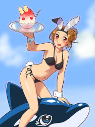 Rule 34 | 1girl, animal ears, arm support, bikini, blush, breasts, brown hair, cleavage, dolphin, food, fukusuke hachi-gou, highres, original, rabbit ears, rabbit tail, red eyes, shaved ice, shiny skin, short hair, swimsuit, tail, wrist cuffs