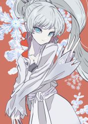 Rule 34 | 1girl, blue eyes, cropped jacket, dress, highres, long hair, long sleeves, rwby, scar, scar across eye, scar on face, side ponytail, strapless, strapless dress, weiss schnee, white dress, white footwear, white hair, wide sleeves