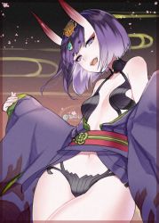 Rule 34 | 1girl, bare shoulders, border, commentary request, eyeshadow, fang, fate/grand order, fate (series), flower, hair ornament, head tilt, horns, japanese clothes, kimono, looking at viewer, makeup, navel, obi, off shoulder, open clothes, open kimono, open mouth, petals, purple eyes, purple hair, revealing clothes, sash, short hair, shuten douji (fate), skin-covered horns, solo, tautiki, translucent border, transparent border, twitter username, wide sleeves