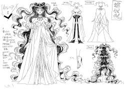 Rule 34 | 1990s (style), 1girl, absurdly long hair, absurdres, bishoujo senshi sailor moon, bishoujo senshi sailor moon supers, bracelet, breasts, cape, character sheet, cleavage, crescent, crescent earrings, dress, earrings, full body, hair ornament, highres, jewelry, lipstick, long hair, long twintails, looking at viewer, makeup, mature female, medium breasts, monochrome, monster girl, multiple views, nehelenia (sailor moon), official art, pointy ears, retro artstyle, scan, simple background, solo, toei animation, translation request, twintails, very long hair, wavy hair